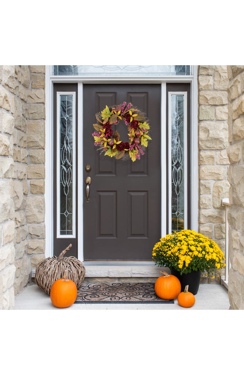 Northlight Mums and Pomegranates Artificial Fall Harvest Twig Wreath, 24-Inch, Alternate, color, Brown