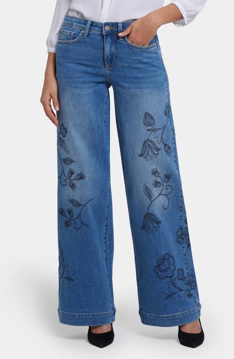 Teresa Embroidered High Waist Wide Leg Jeans (Water Canyon)