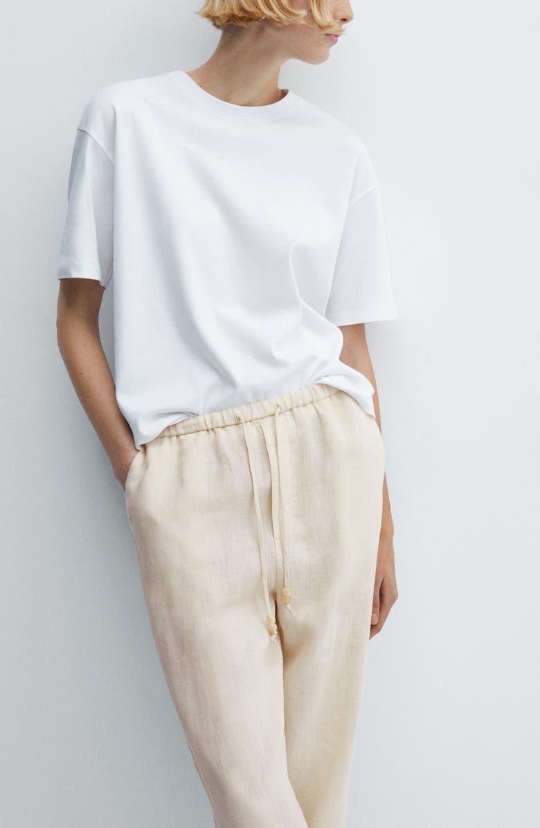 MANGO Elastic Waist Crop Straight Leg Linen Pants, Alternate, color, Ecru