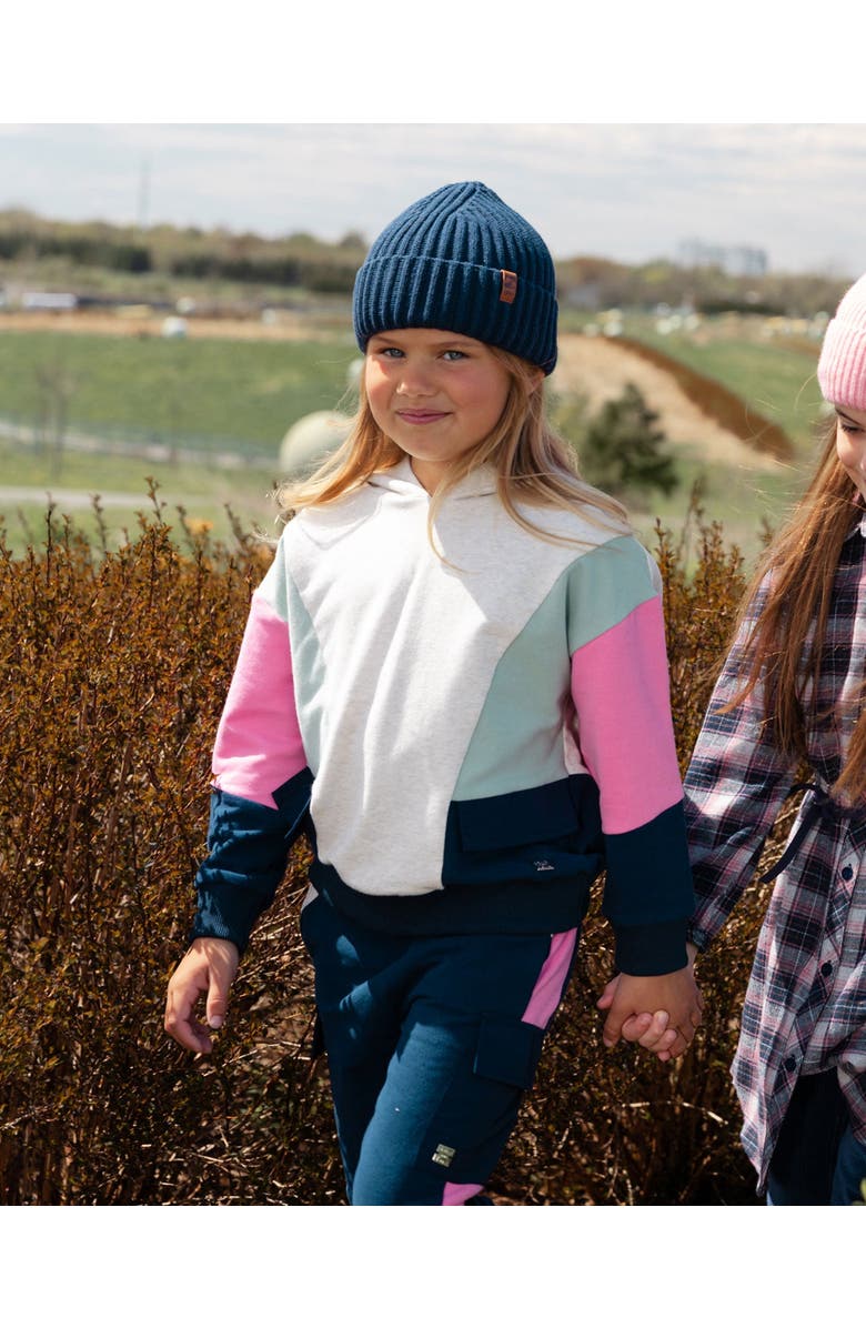 Deux par Deux Girl's Hooded Sweatshirt Colorblock Beige, Navy And Pink, Alternate, color, 