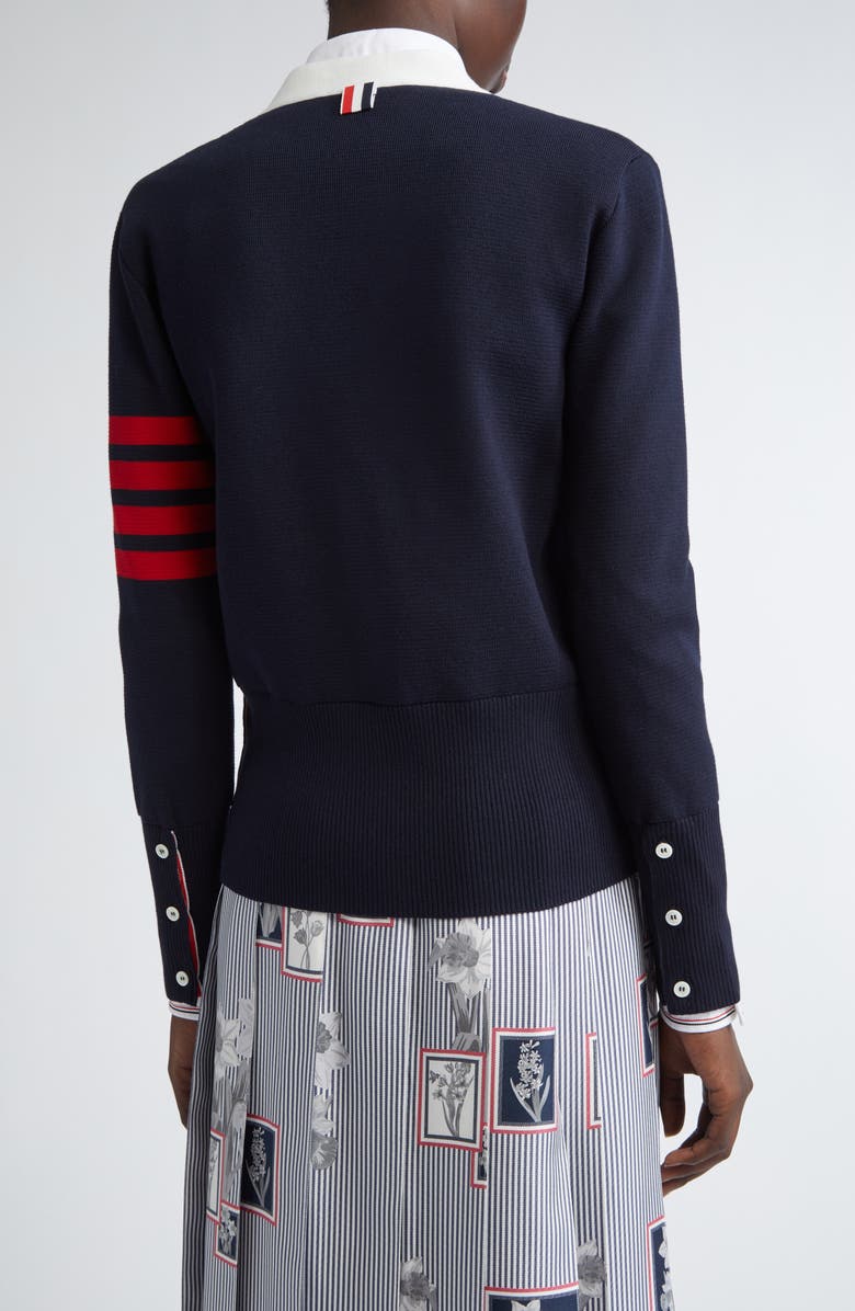 Thom Browne 4-Bar Contrast Trim Cotton Cardigan, Alternate, color, Navy