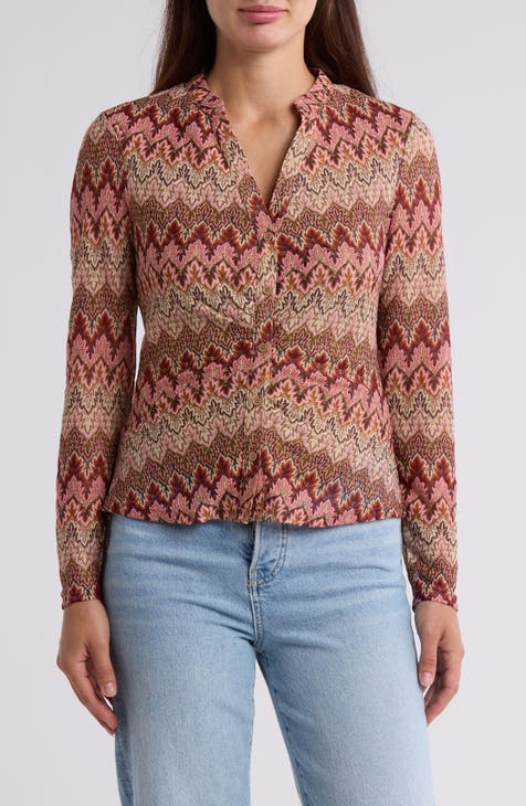 Flame Stitch Long Sleeve Button-Up Top