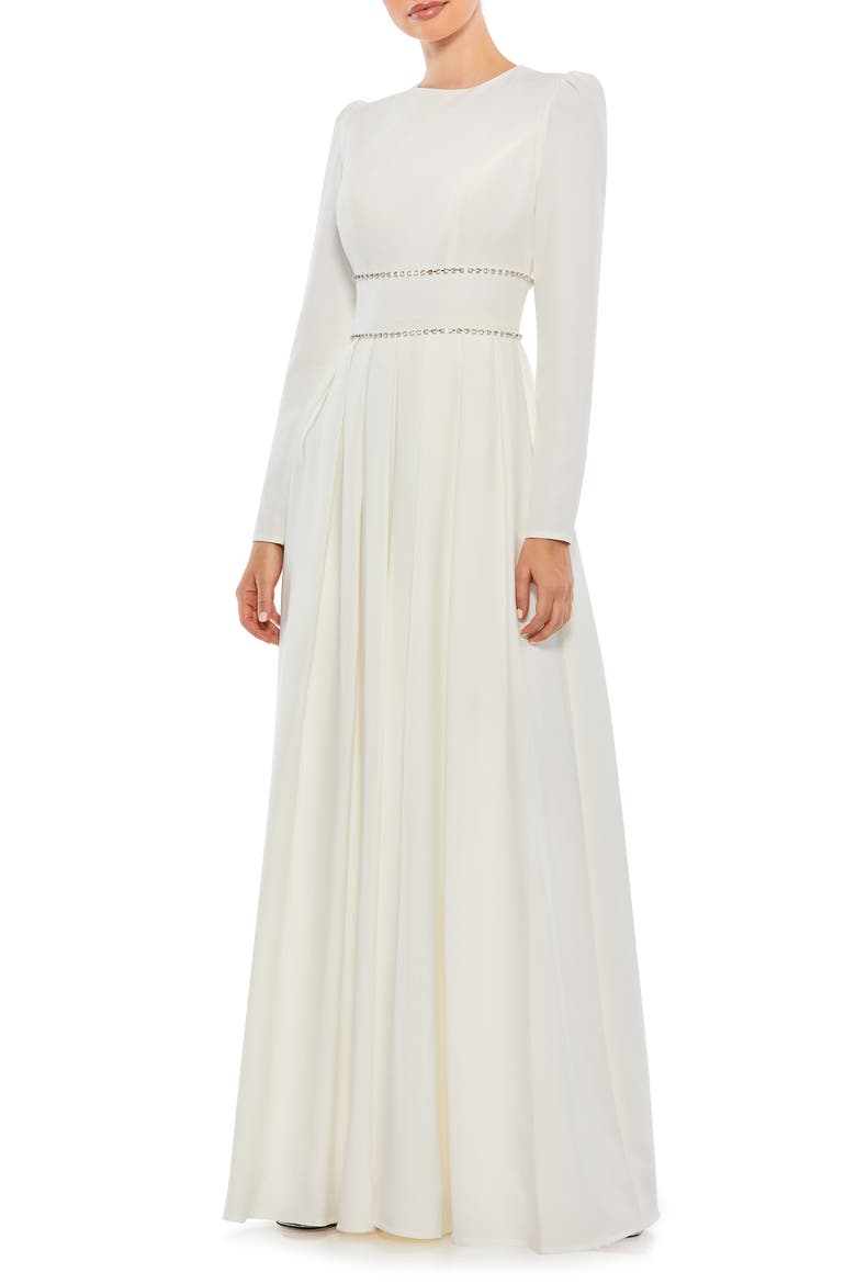 Empire Waist Long Sleeve Pleated Gown, Main, color, WHITE
