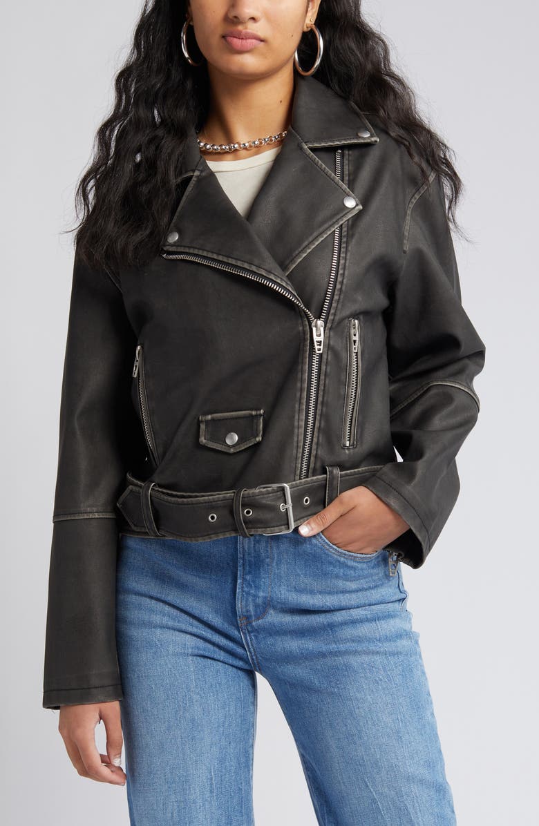 BLANKNYC Distressed Belted Faux Leather Moto Jacket, Alternate, color, 