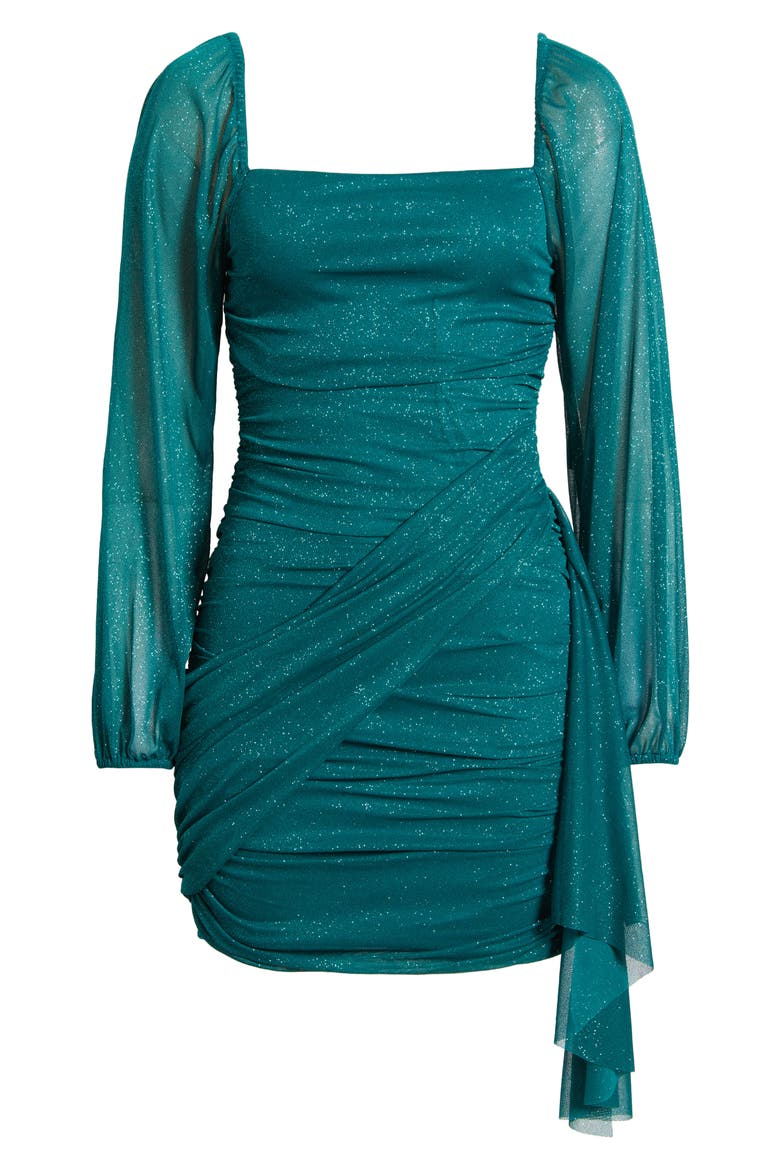 Metallic Drape Front Long Sleeve Minidress, Alternate, color, HUNTER