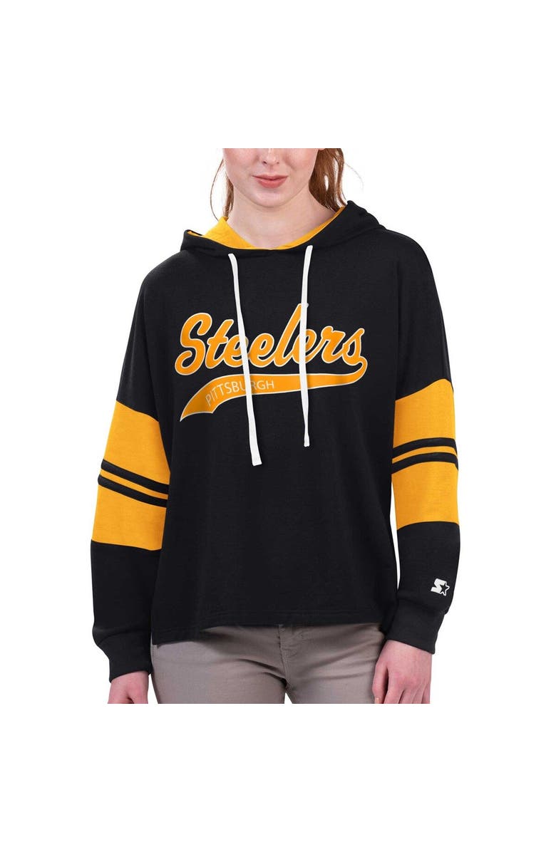 STARTER Women's Starter Black Pittsburgh Steelers Bump And Run Long Sleeve Hoodie T-Shirt, Main, color, Black