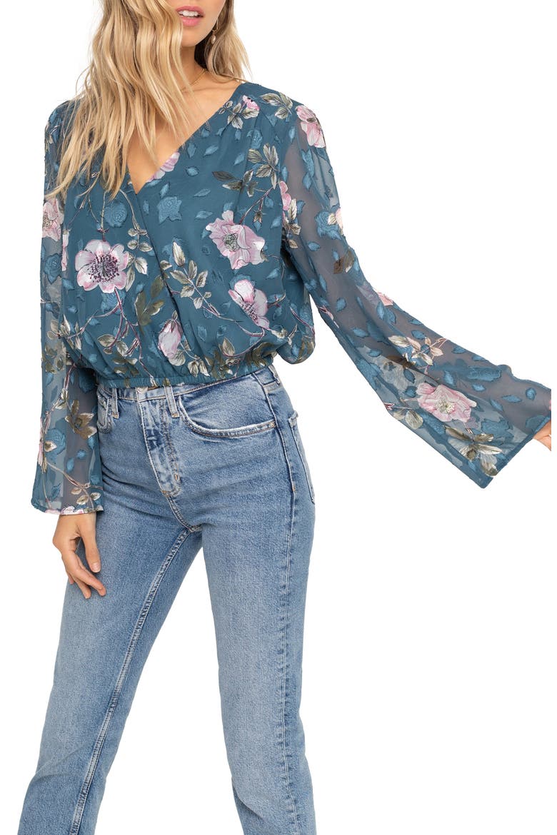 Surplice Cut Velvet Top, Main, color, TEAL/ MAUVE