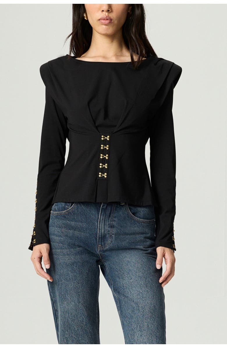 Nocturne Hook-Detail Pleated Knit Blouse, Main, color, Black