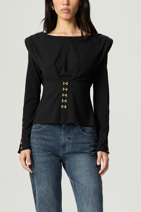 Hook-Detail Pleated Knit Blouse