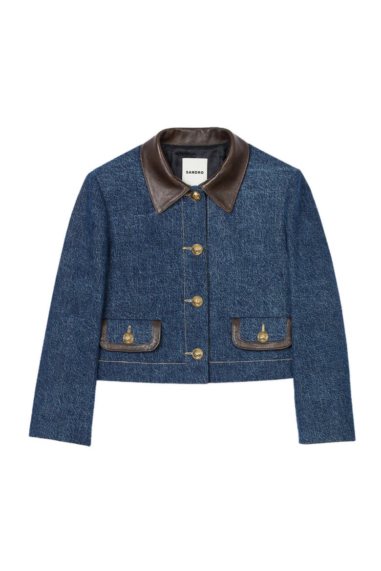 Denim jacket with leather collar, Alternate, color, Blue
