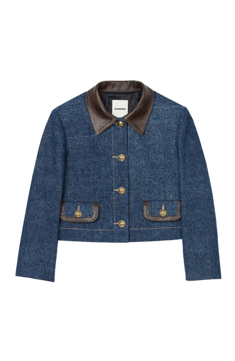 SANDRO Denim jacket with leather collar, Alternate, color, 