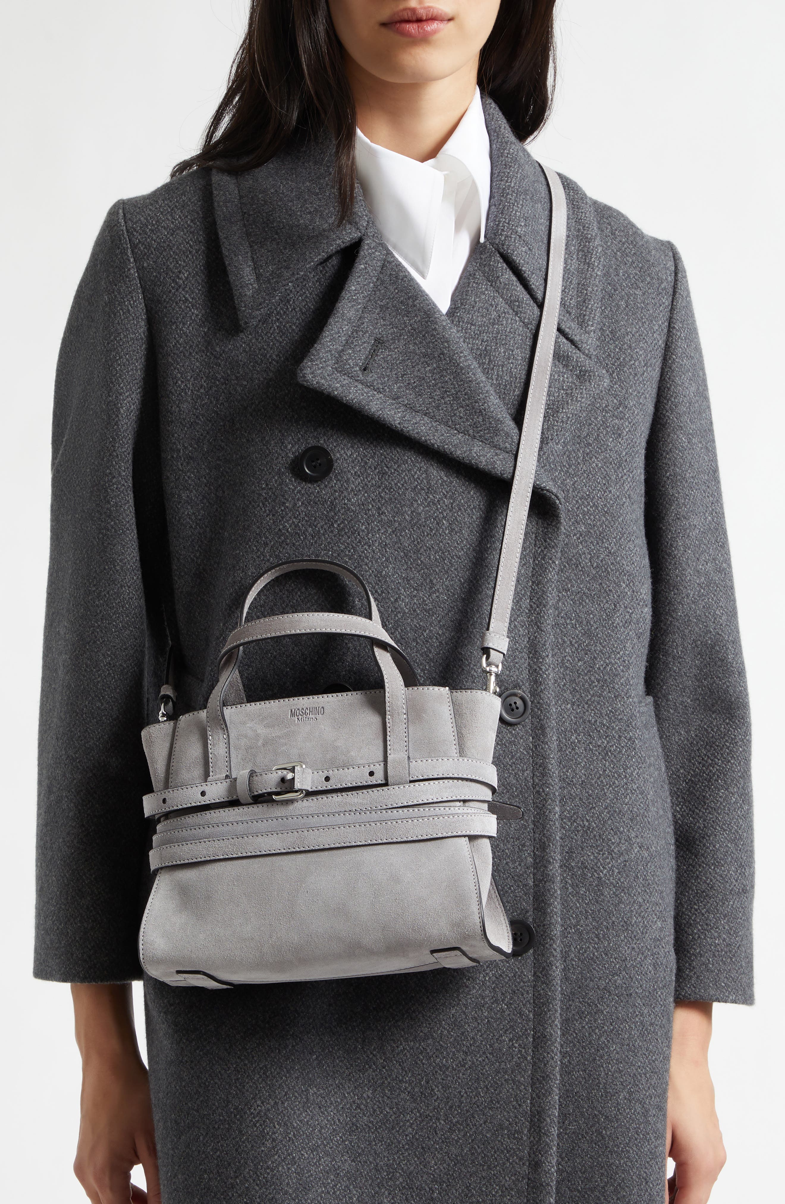 Moschino Tie Me Suede Handbag, Alternate, color, Grey 01A Of0