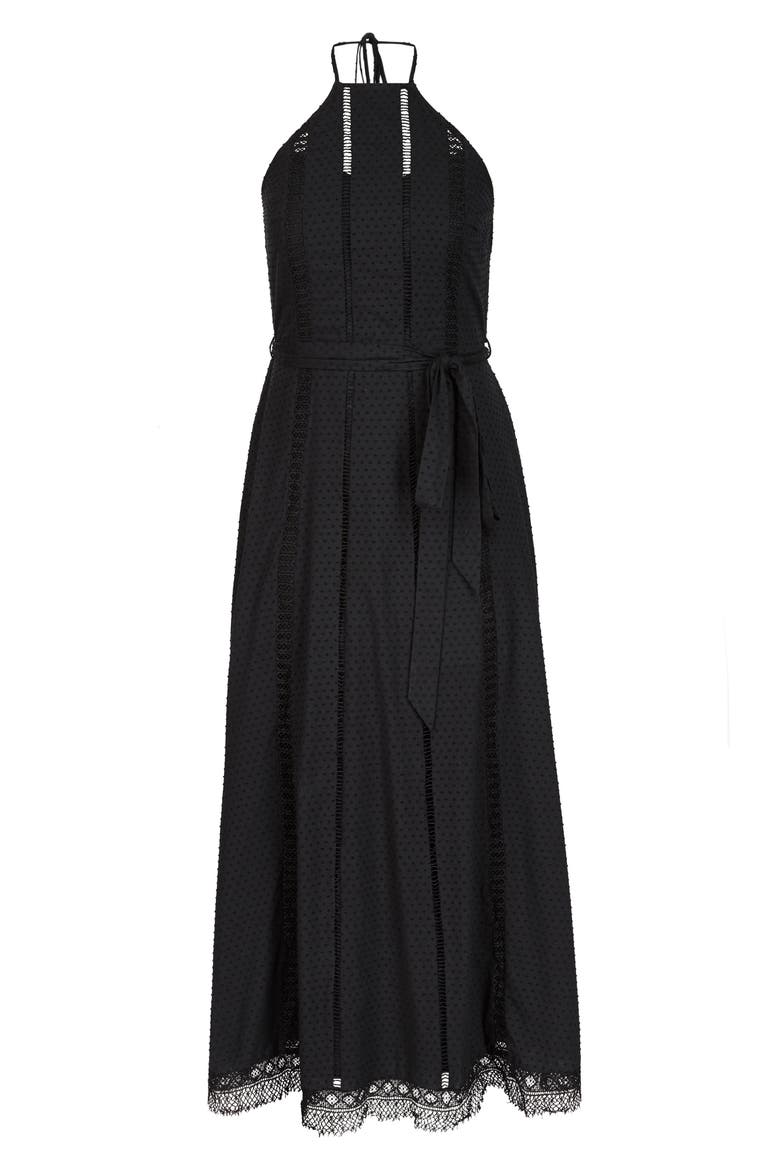 Lace Trim Swiss Dot Halter Maxi Dress, Alternate, color, BLACK