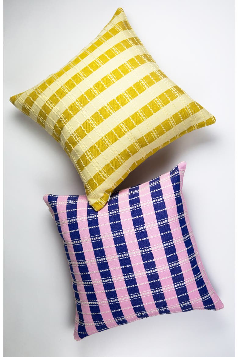 Santiago Grid Bold Stripe Handwoven Cotton Square Throw Pillow, Alternate, color, Blue and Light Pink