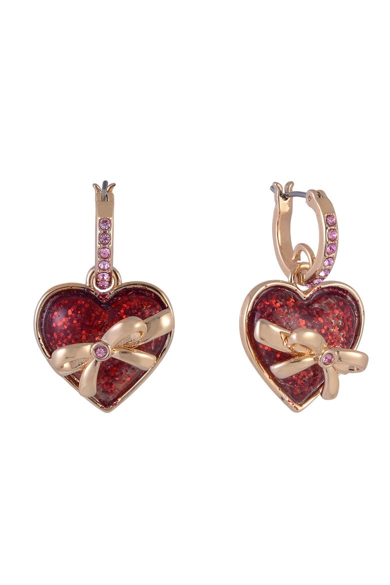 Gold Tone Huggie Hoop Earrings with Red Glitter Heart Drop, Main, color, Red