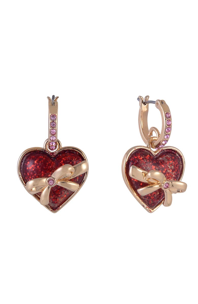 Hallmark Gold Tone Huggie Hoop Earrings with Red Glitter Heart Drop, Main, color, Red