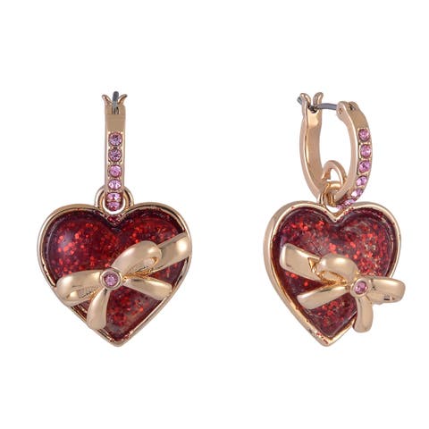 Gold Tone Huggie Hoop Earrings with Red Glitter Heart Drop