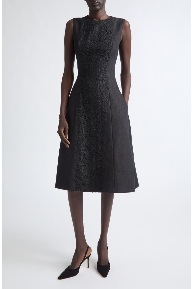 Guipure Lace Detail Sleeveless Denim Dress, Main, color, BLACK