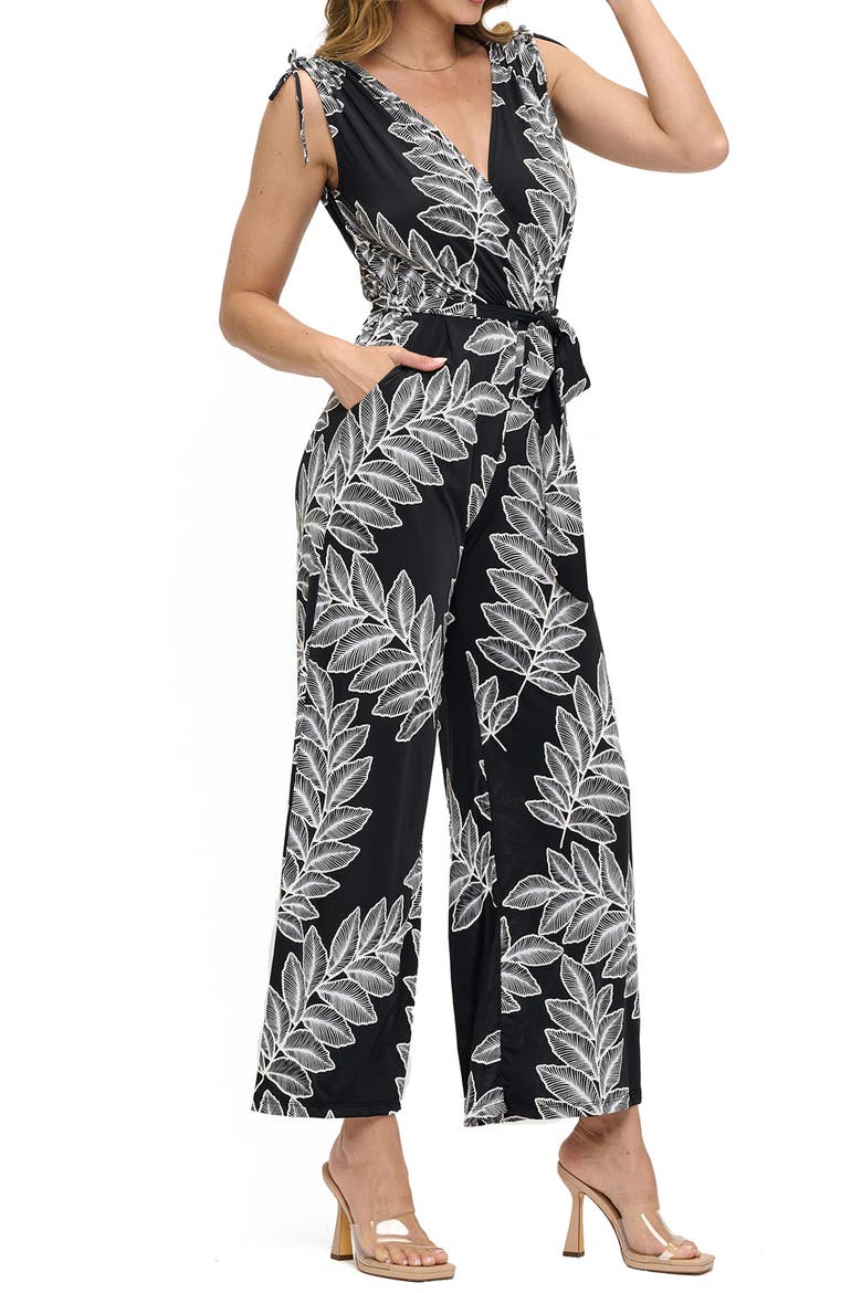 Tie Waist Wide Leg Jumpsuit, Alternate, color, BLACK LEAF