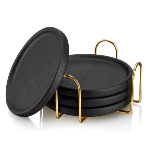 Viski Earthenware Coasters With Stand Set Of 4 In Black