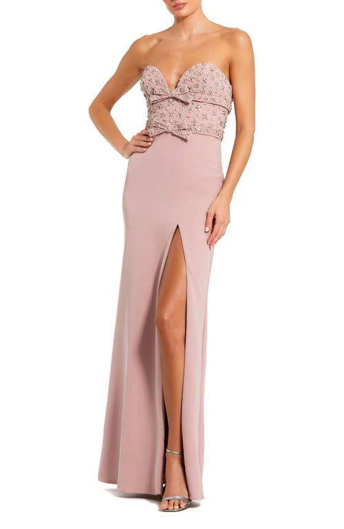 Mac Duggal Strapless Crepe Fitted Gown With Rhinestones In Dusty Rose