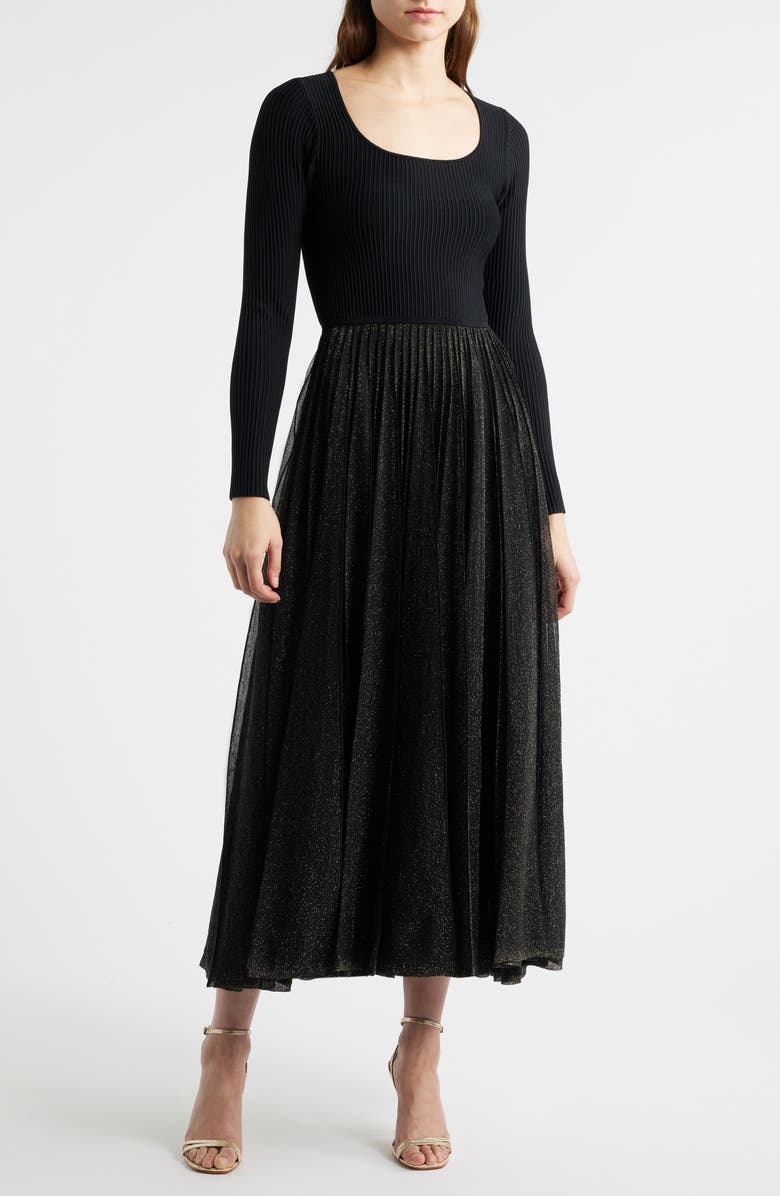 Elie Tahari The Angelique Metallic Pleated Long Sleeve Maxi Dress, Main, color, Noir/ Gold Lurex