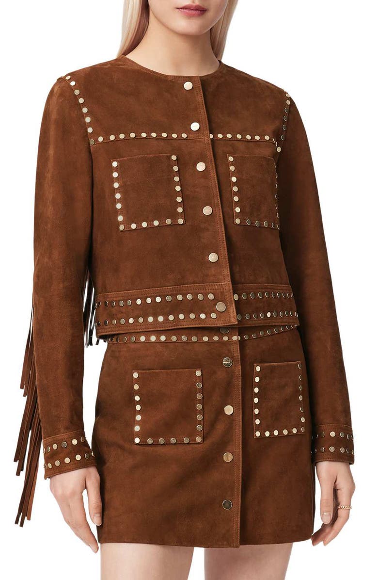 AllSaints Alice Fringe Suede Western Jacket, Main, color, Cognac Brown