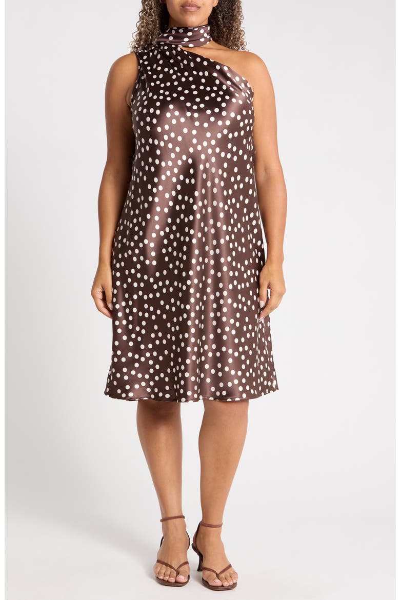 One-Shoulder Polka Dot Dress, Main, color, BROWN