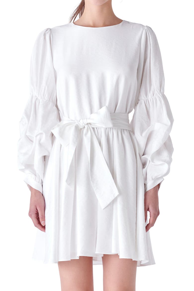 Cinched Puff Shoulder Long Sleeve Tie Belt Dress, Alternate, color, WHITE