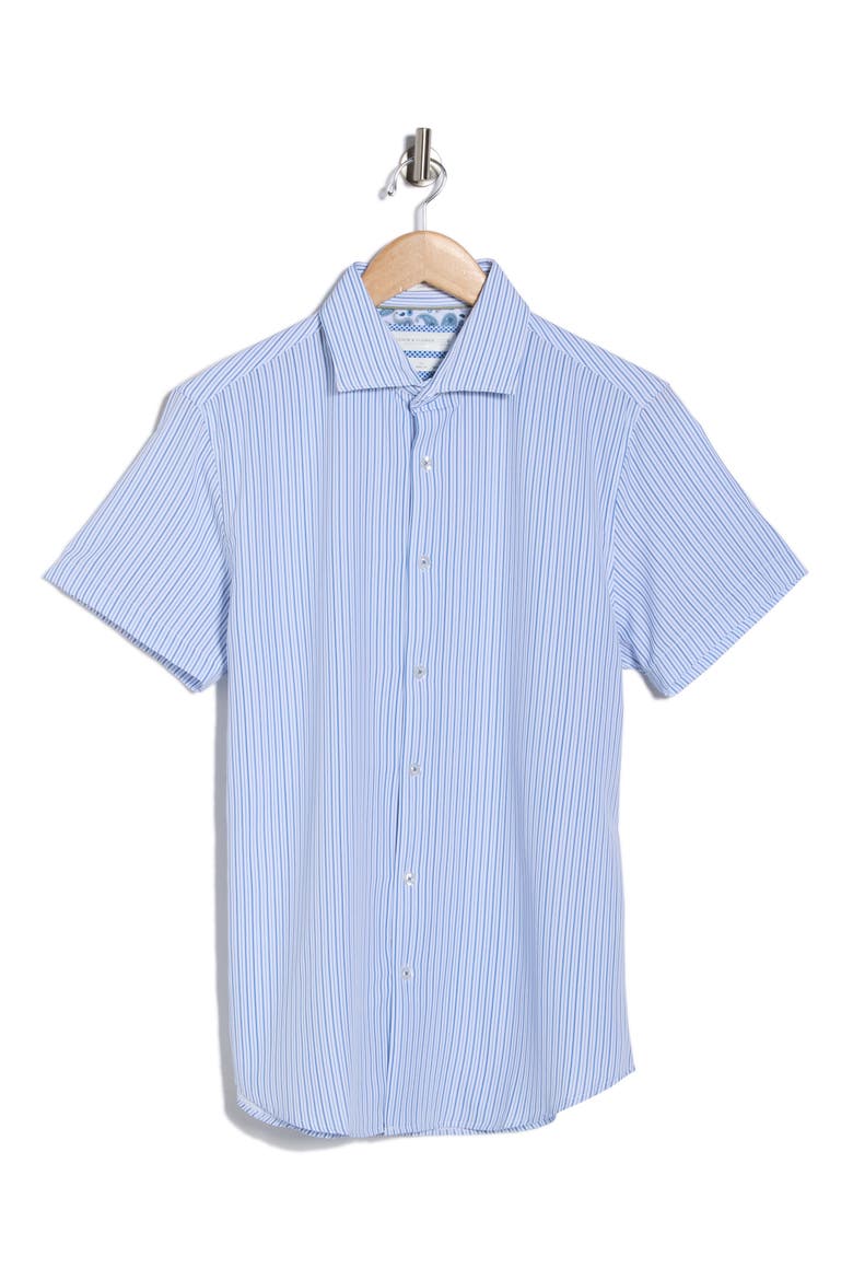 White With Navy Blue Stripes Short Sleeve Button-Up Shirt, Alternate, color, WHITE/ BLUE