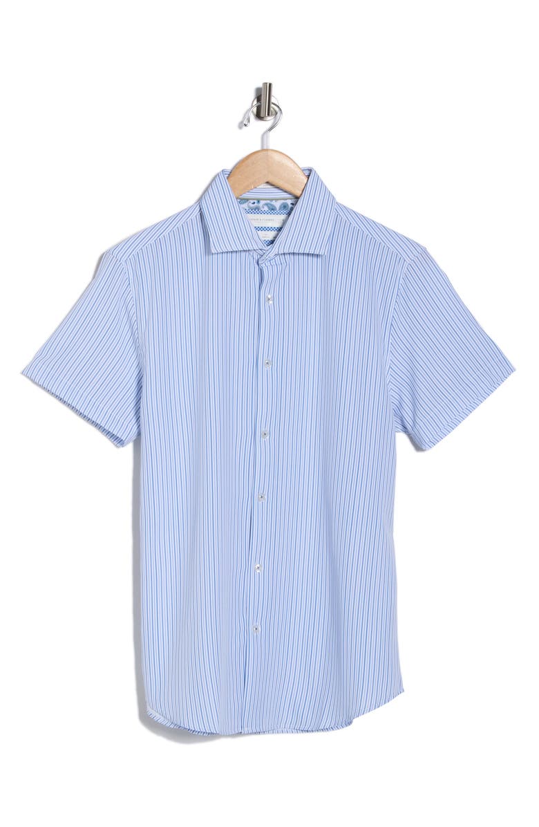 DENIM AND FLOWER White With Navy Blue Stripes Short Sleeve Button-Up Shirt, Main, color, White/ Blue