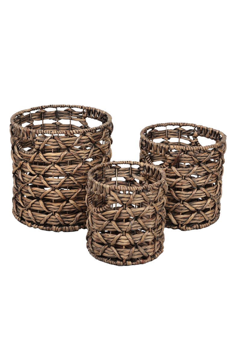 Lattice Bohemian Coastal Handwoven Water Hyacinth Rope Nesting Baskets with Handles, Main, color, Brown