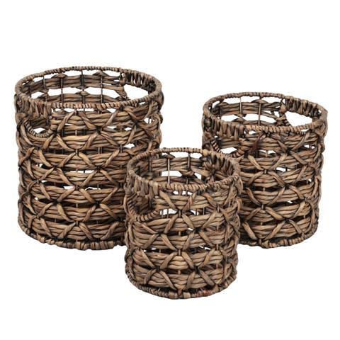 Lattice Bohemian Coastal Handwoven Water Hyacinth Rope Nesting Baskets with Handles