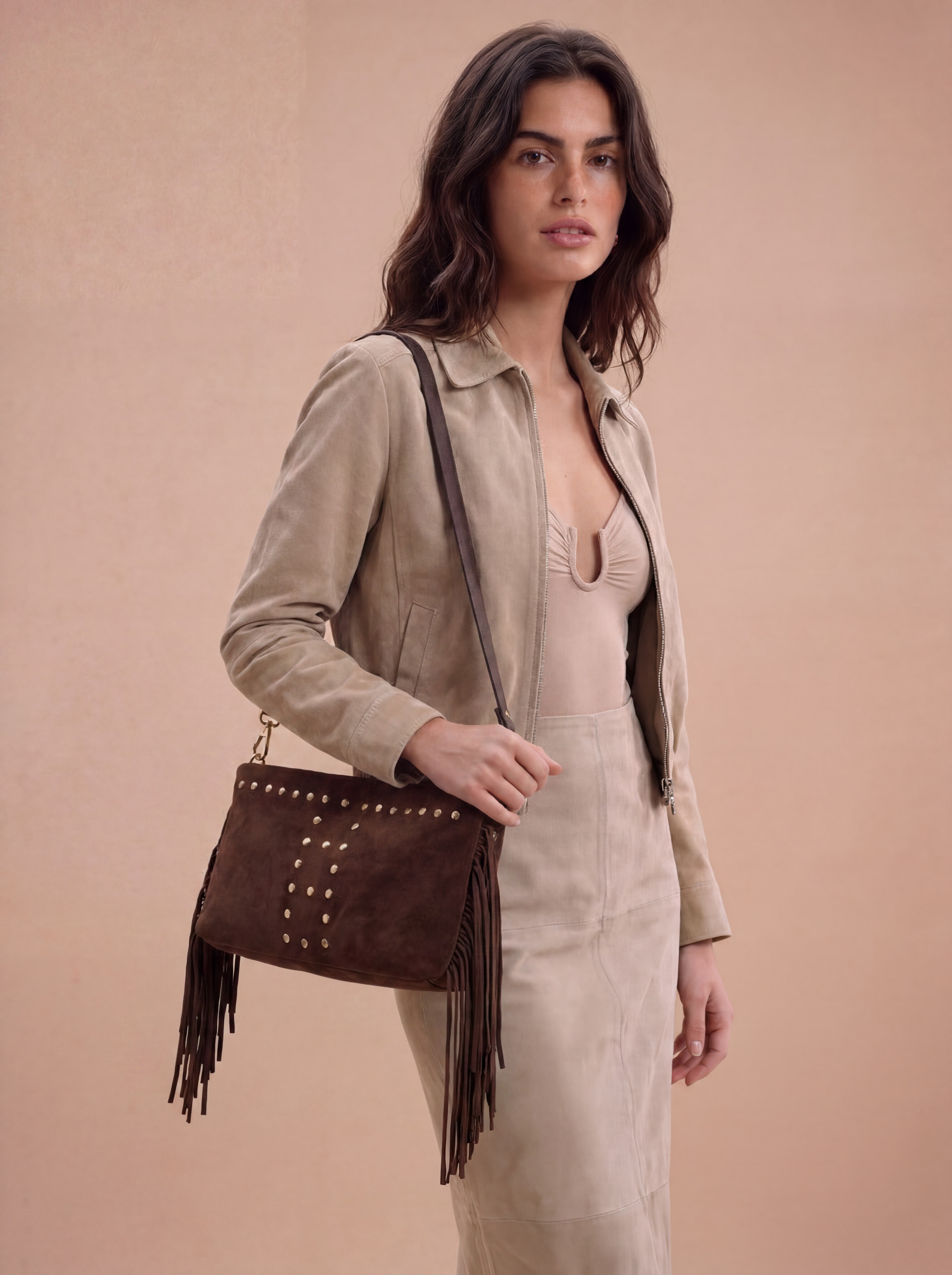 Mia Studded Suede Leather Fringe Shoulder & Crossbody Bag, Alternate, color, Brown