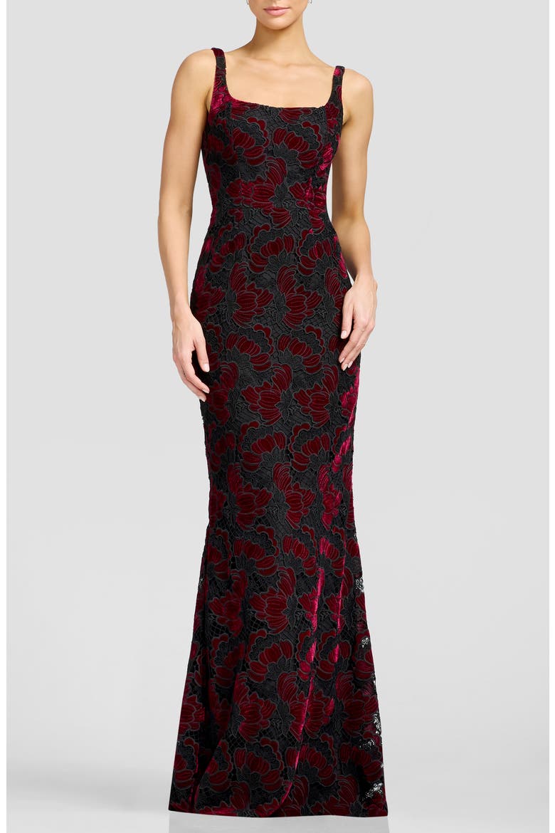 Lorena Floral Velvet Sleeveless Gown, Main, color, BURGUNDY MULTI