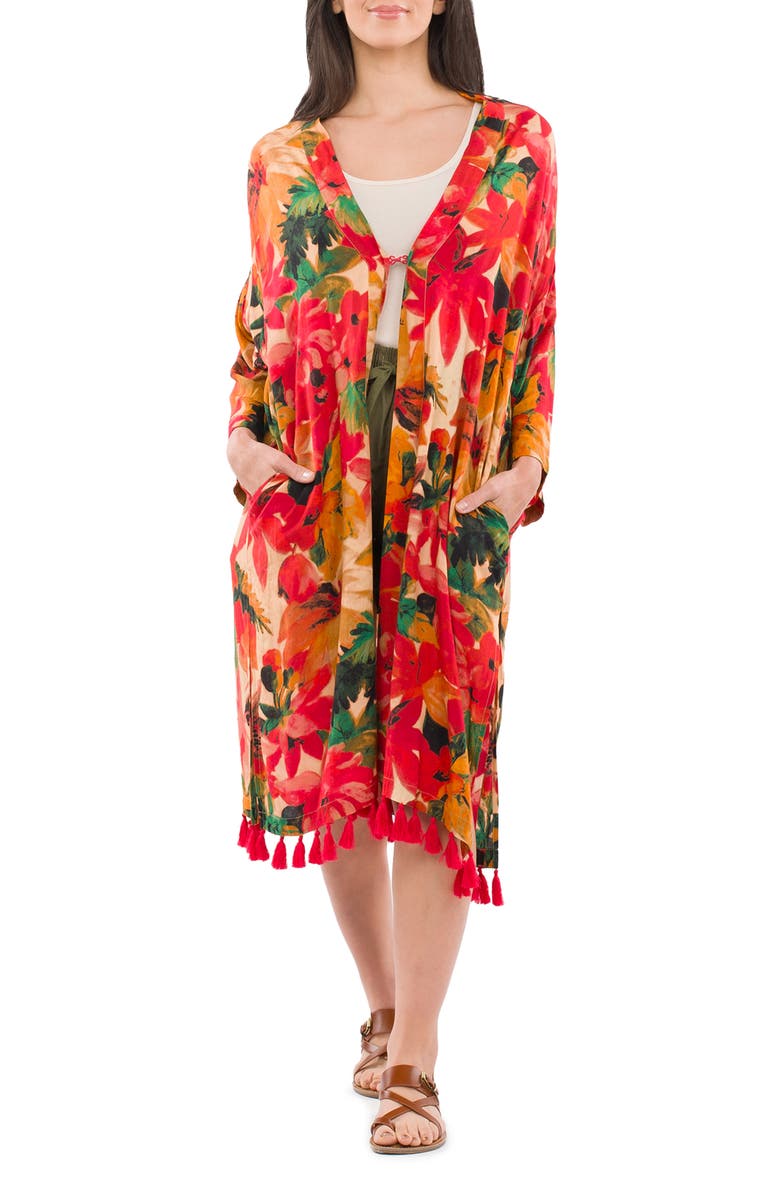Patricia Nash Floral Tassel Trim Ruana, Main, color, Print