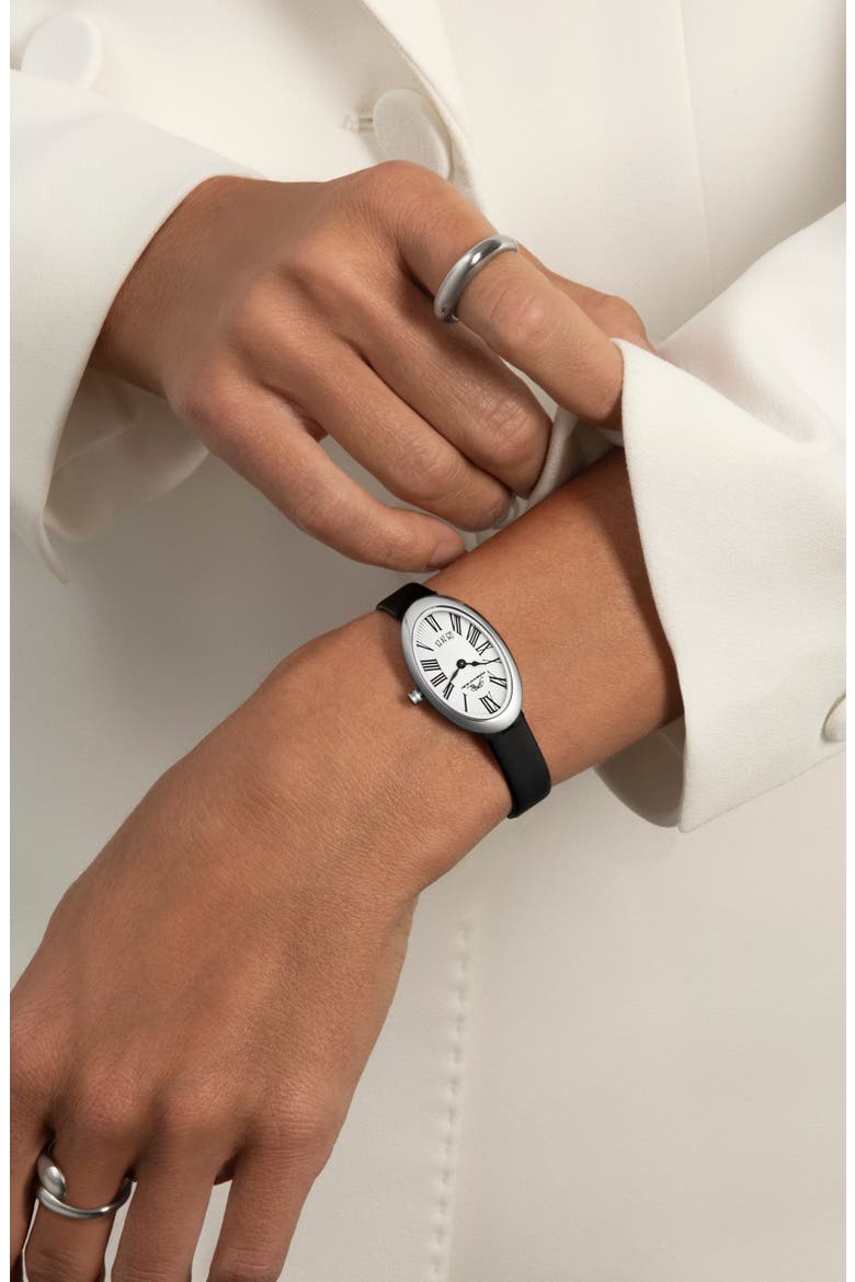 Women's Eloise Oval Guilloche Dial Leather Watch, Alternate, color, WHITE/ BLACK