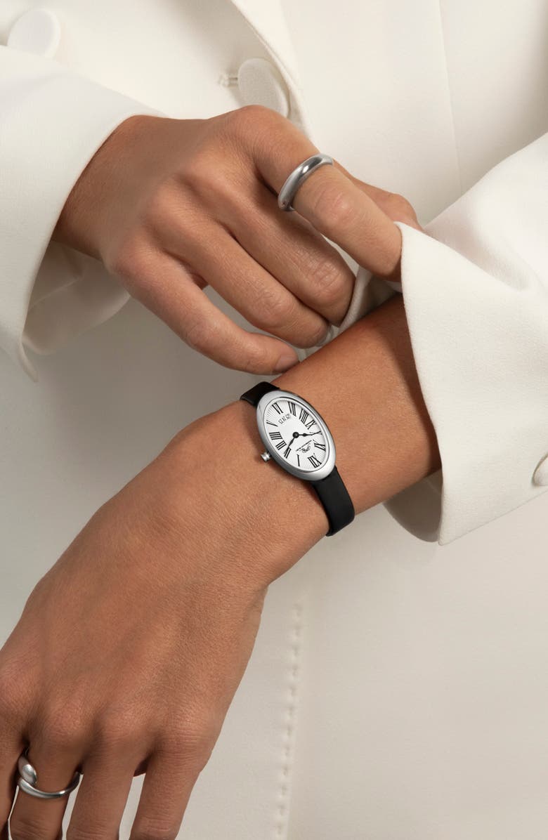 PORSAMO BLEU Women's Eloise Oval Guilloche Dial Leather Watch, Alternate, color, White/ Black