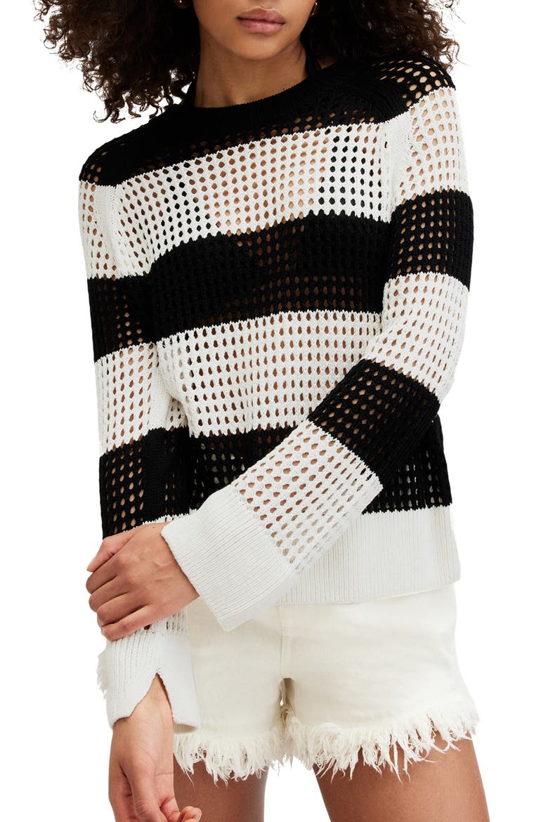 Paloma Stripe Open Stitch Crewneck Sweater, Alternate, color, BLACK/ WHITE