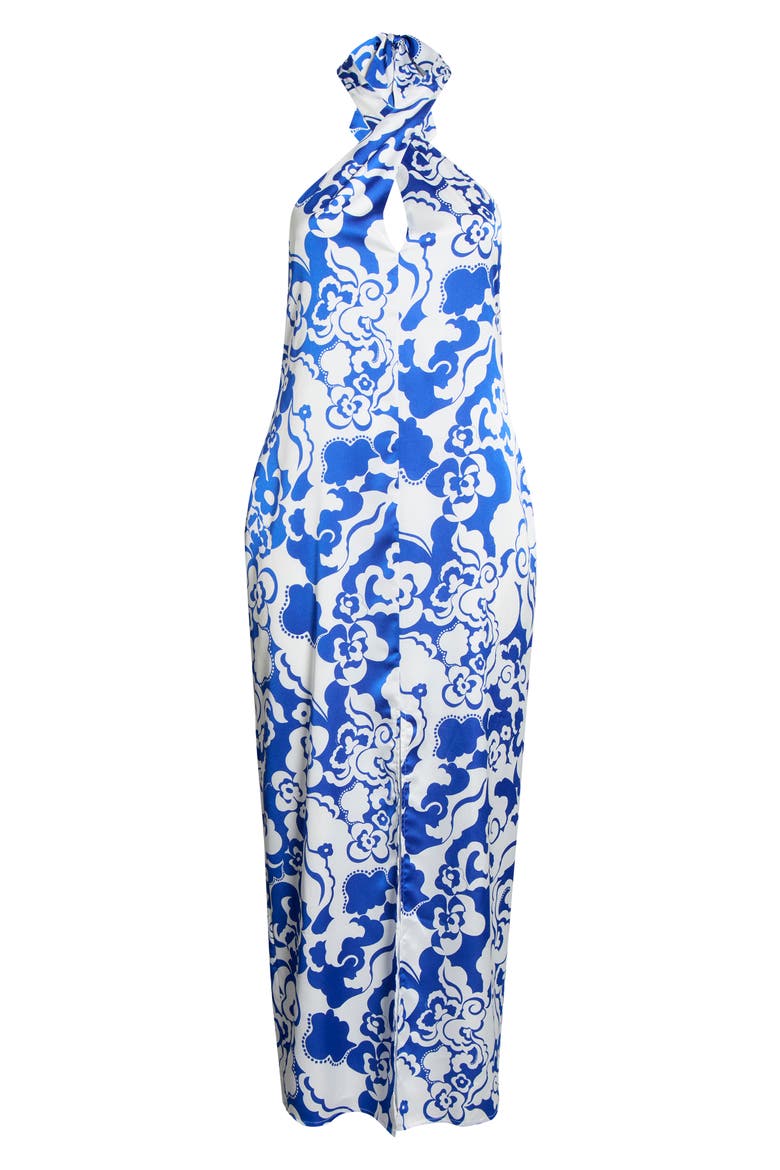 Helsinki Floral Tilda Satin Halter Maxi Dress, Alternate, color, WHITE-COBALT