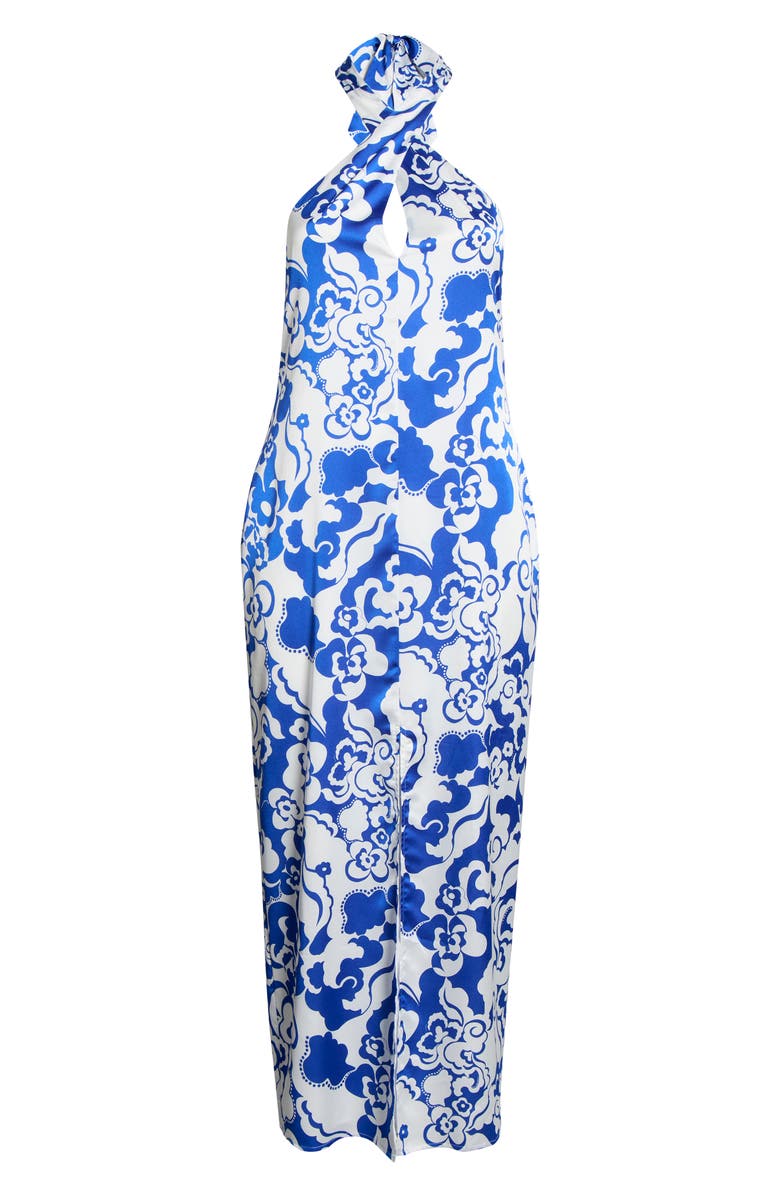 SUGARLIPS Helsinki Floral Tilda Satin Halter Maxi Dress, Alternate, color, White-Cobalt