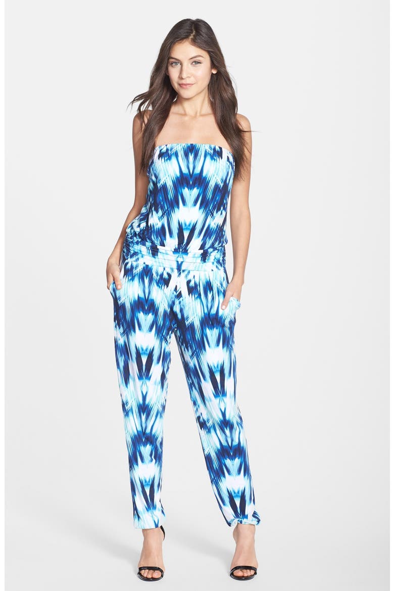 'Danika' Print Jersey Strapless Jumpsuit, Main, color, OCEAN CHEVRON