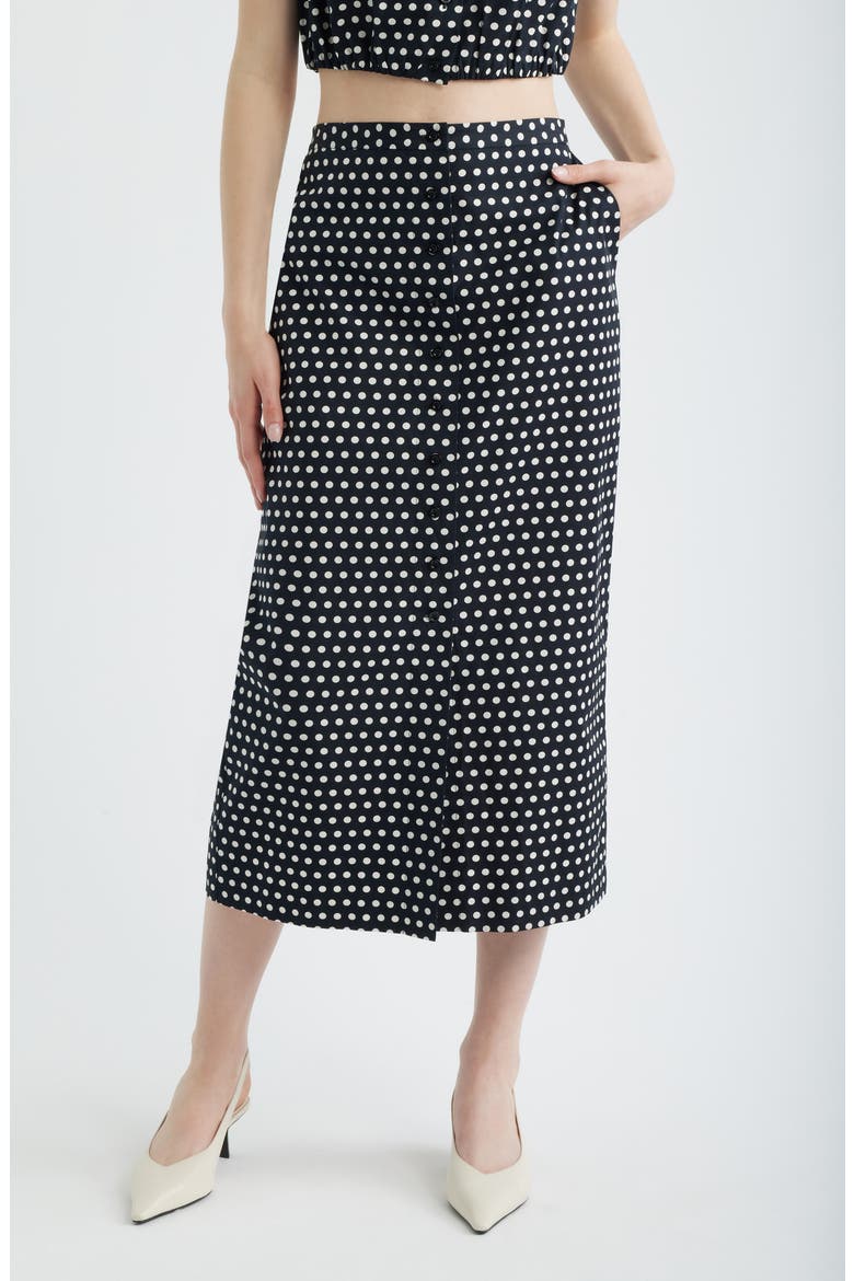 The Dot Front Button Midi Skirt, Main, color, BLACK MULTI