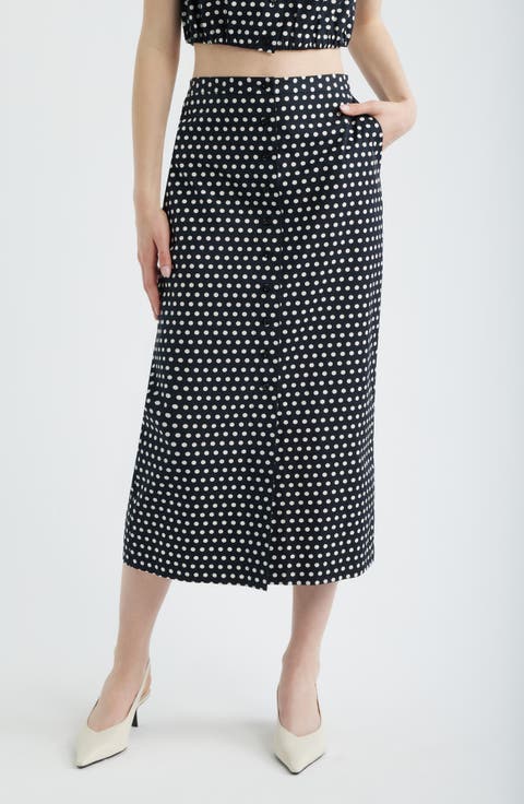 The Dot Front Button Midi Skirt