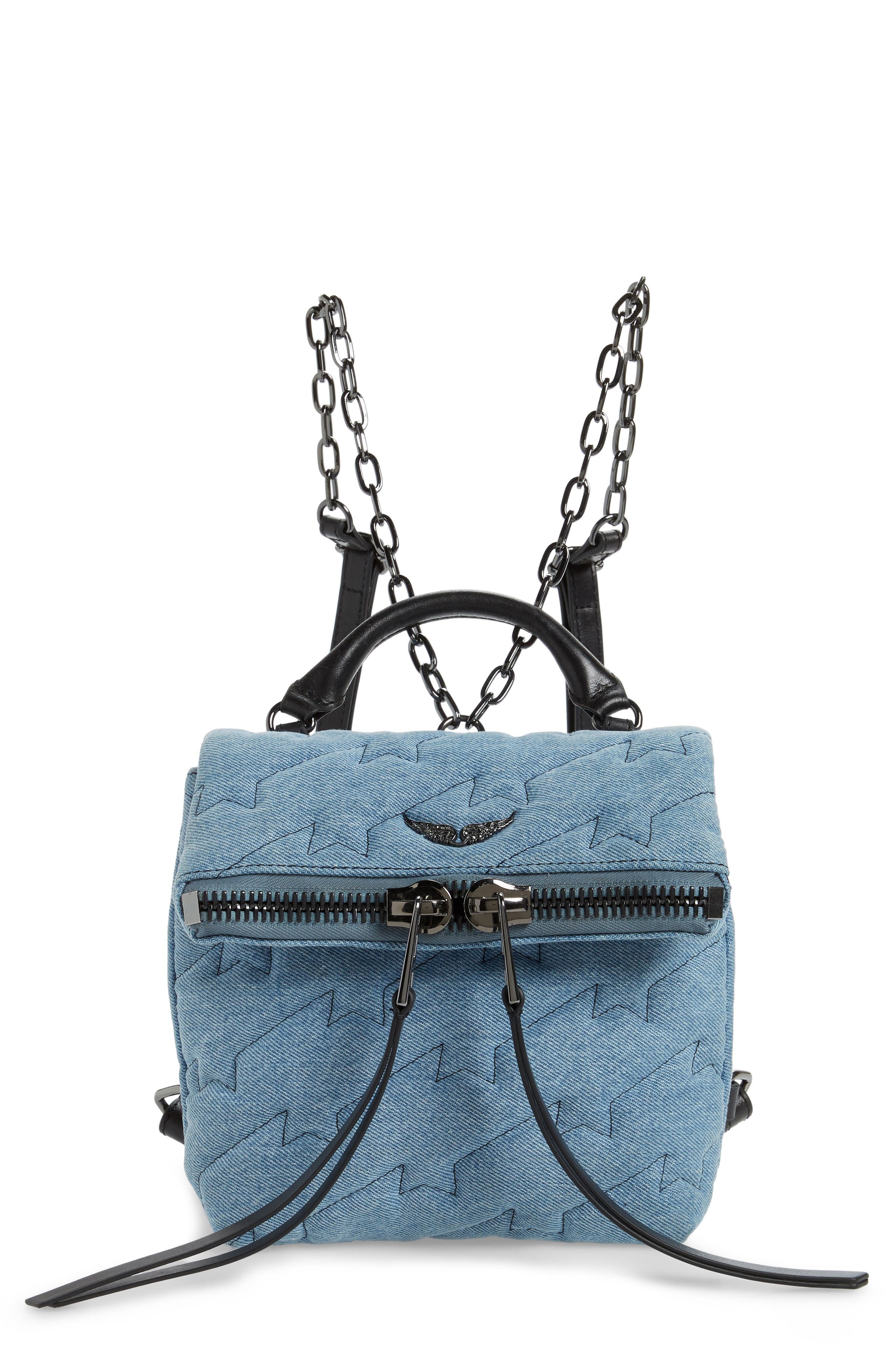 Zadig & Voltaire Romy Compact Quilted Denim Backpack, Main, color, 