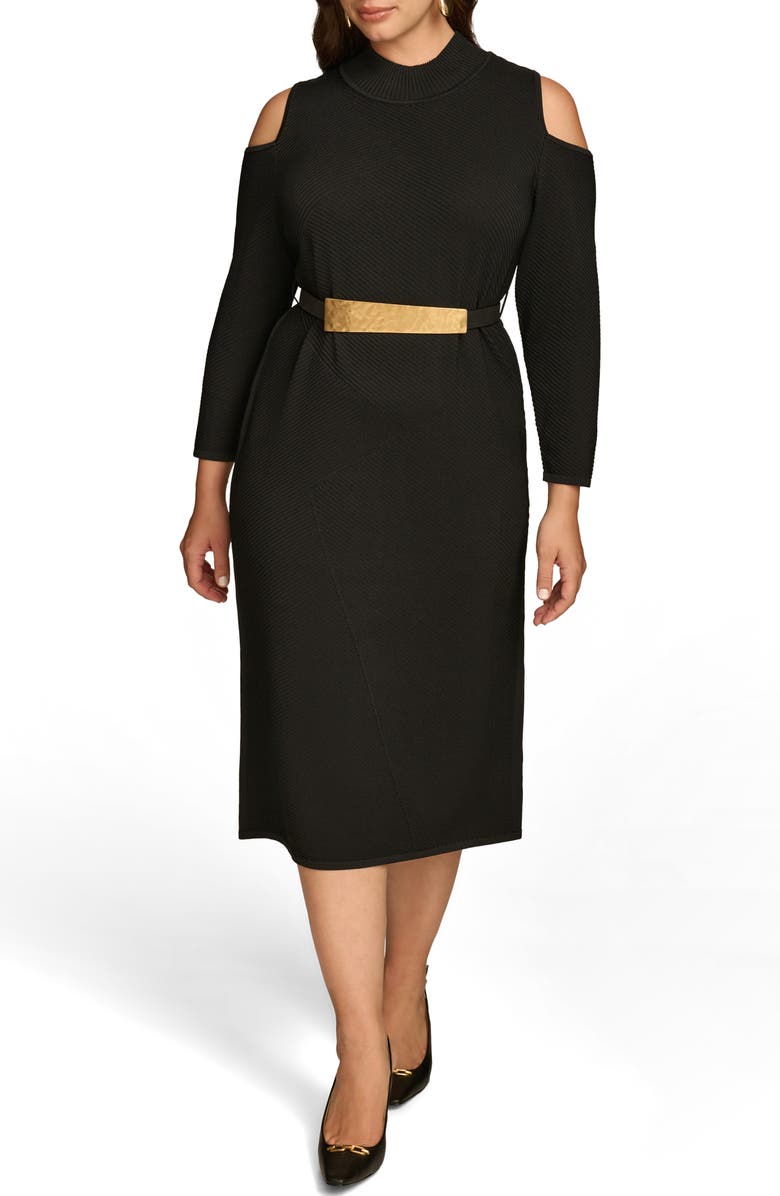 DONNA KARAN Poly Belted Cold Shoulder Midi Dress, Alternate, color, Black