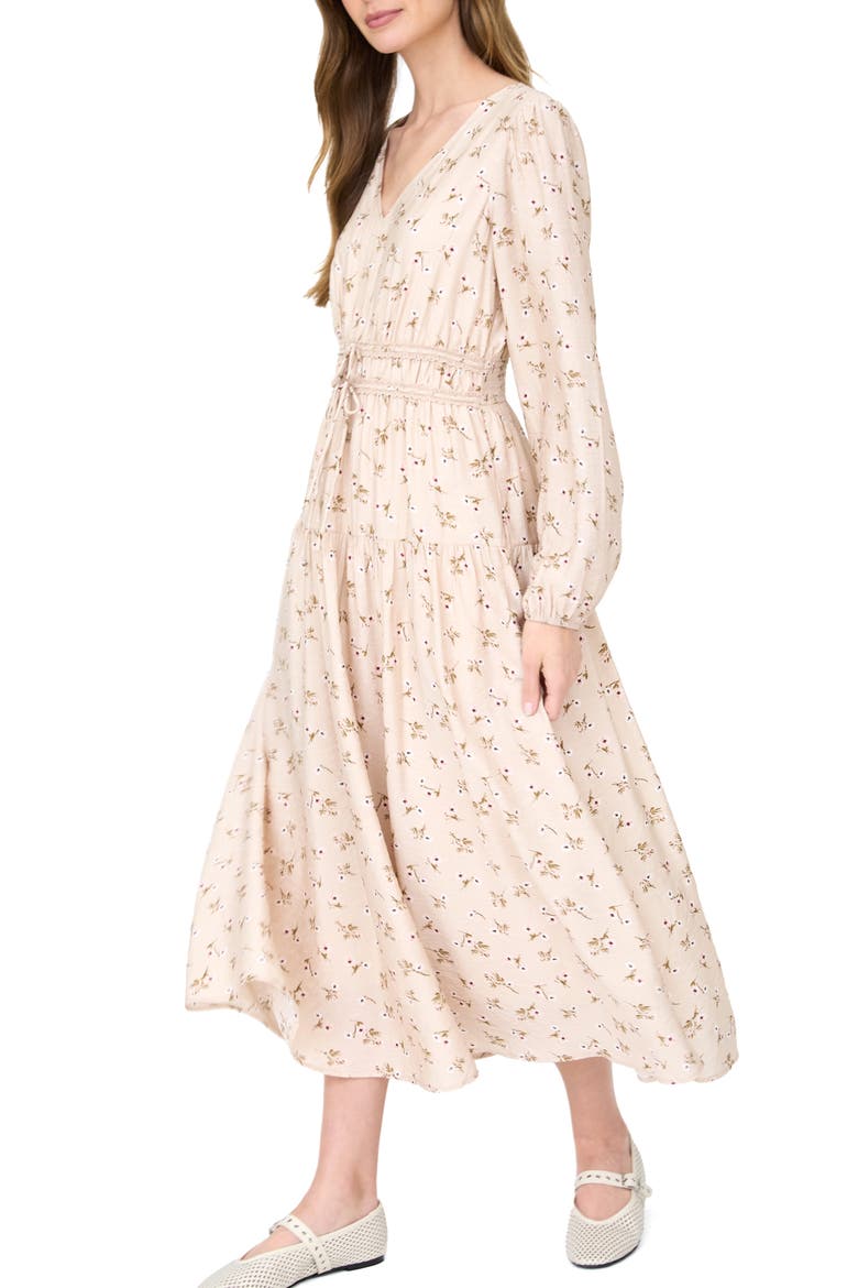 Ditsy Floral Print Long Sleeve Midi Dress, Alternate, color, BEIGE