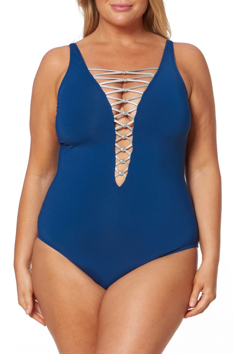 Lattice One-Piece Swimsuit, Main, color, NAVY/ SILVER