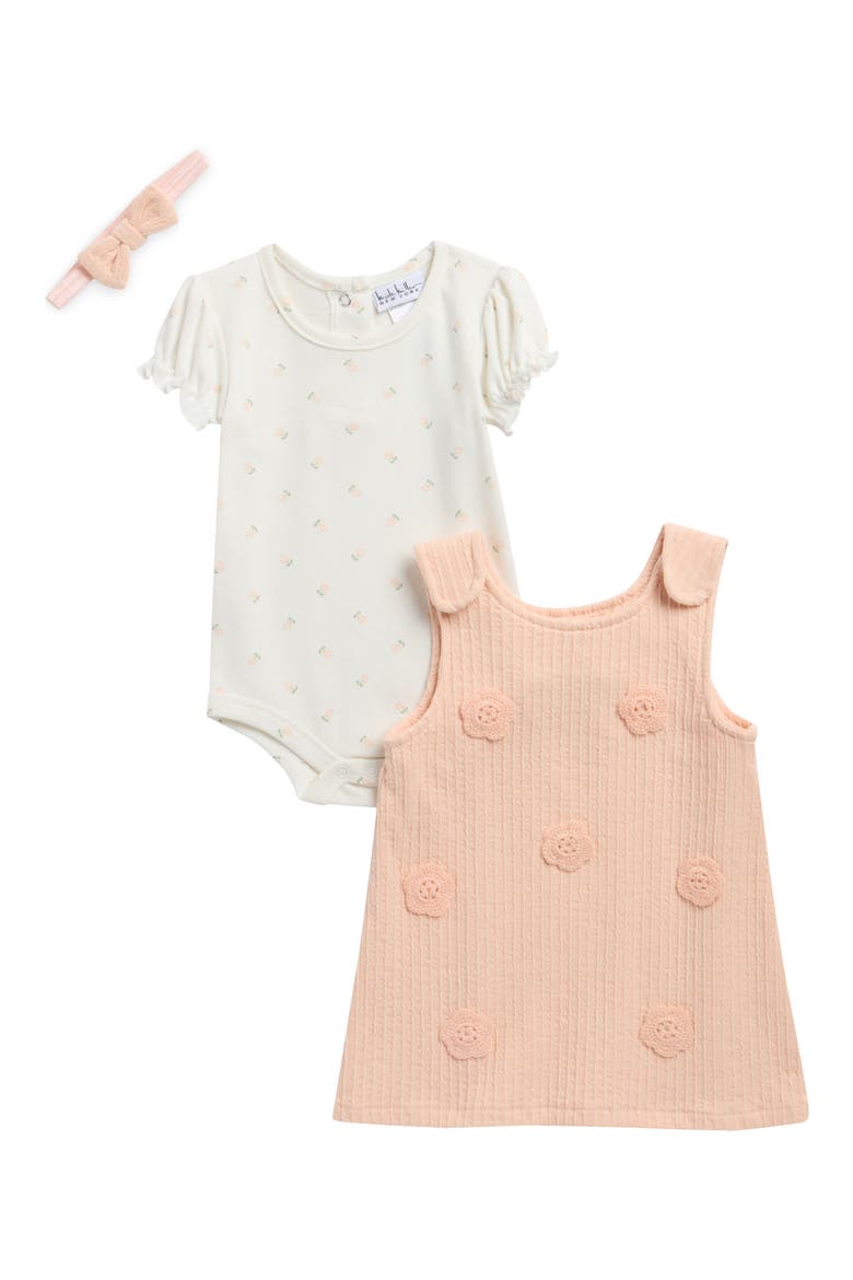 Cap Sleeve Knit Bodysuit, Floral Appliqué Jumper Dress & Headband Set, Main, color, PALE PEACH