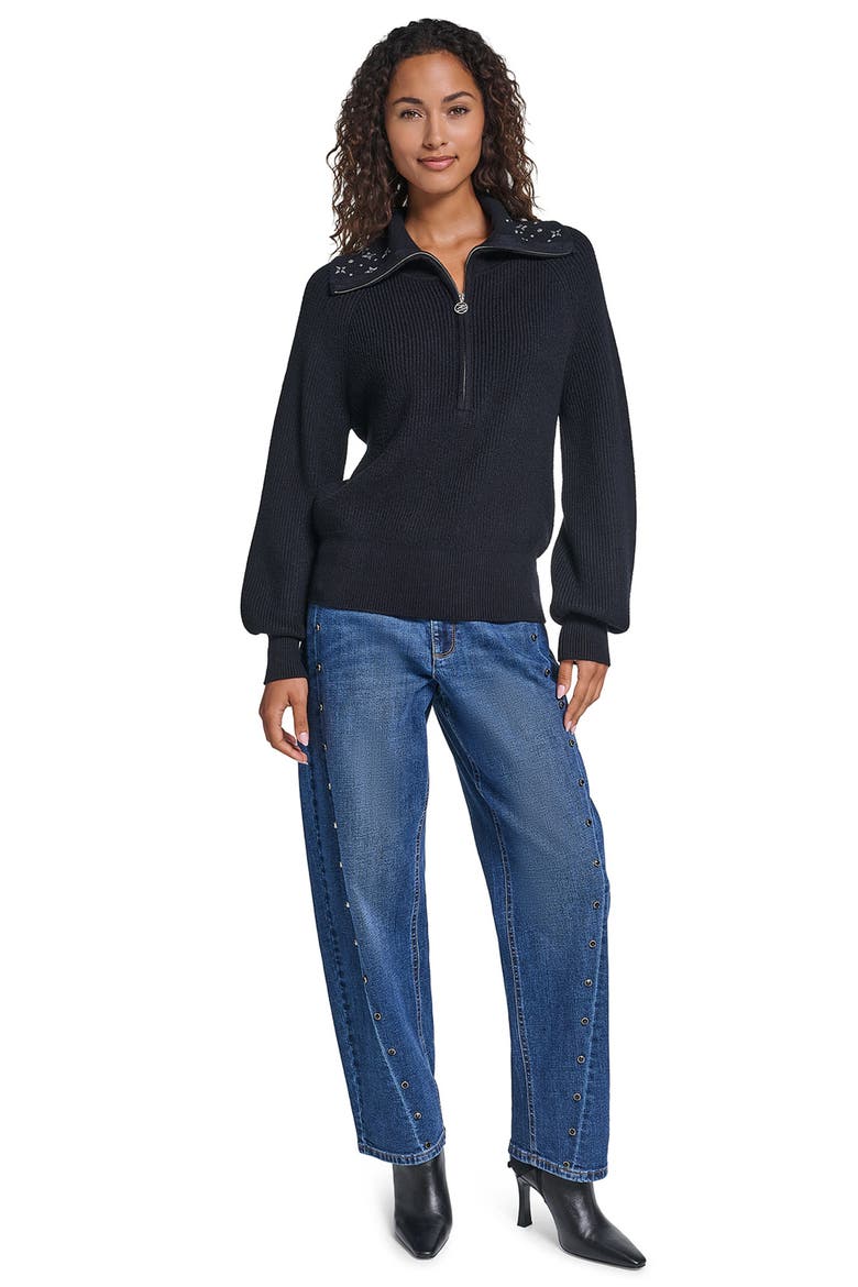 Crystal Collar Zip Up Sweater, Alternate, color, BLACK